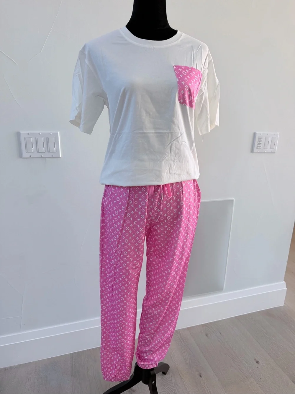 Women's Pink Patterned Lounge Set - White Top & Pink Pants size S